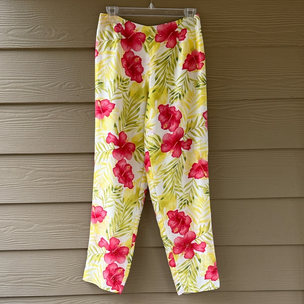 BetU 100% SILK Yellow Pink Floral Beaded Lined Tropical Summer Pants Size 4 - Picture 4 of 10
